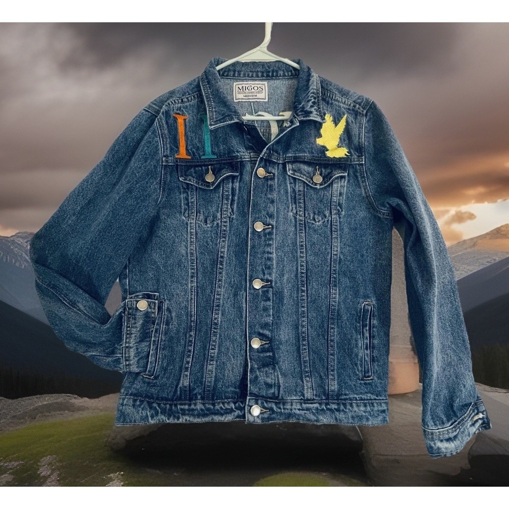 MIGOS  Y2K Jacket‎ Mens M Blue Denim Varsity NAWFSIDE Logo Embroidered Hip Hop